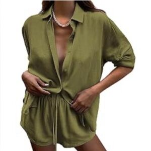 🌿 Olive Green Button-Down Swim Cover-Up – Size M (NWT)